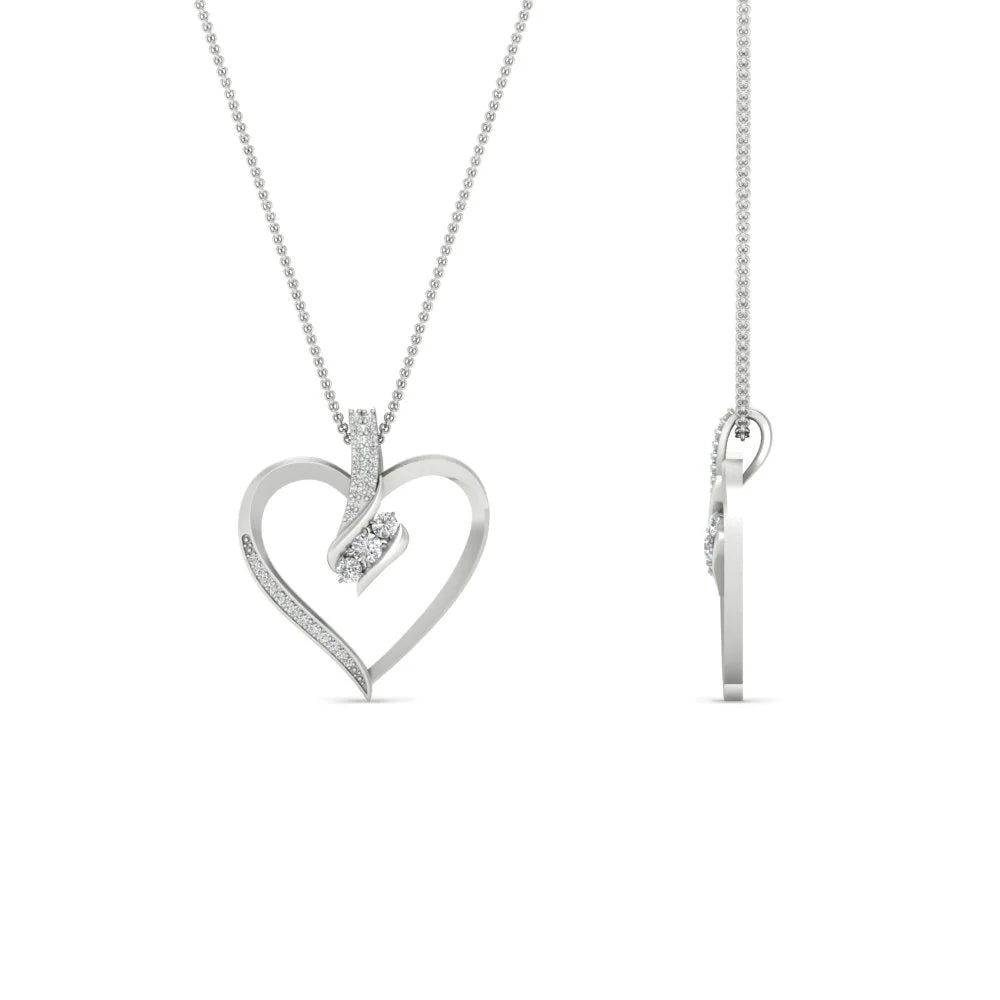 Heart Three Stone Round Diamond Pendant Necklace For Women