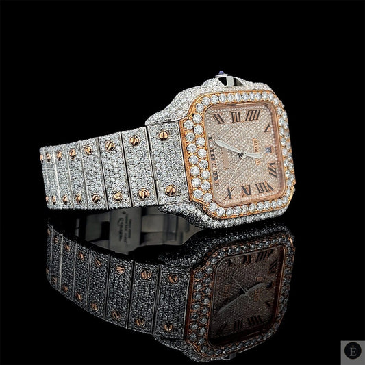 Iced Out Moissanite Watch Round Cut Rose Gold Square Dial Luxury 25ct