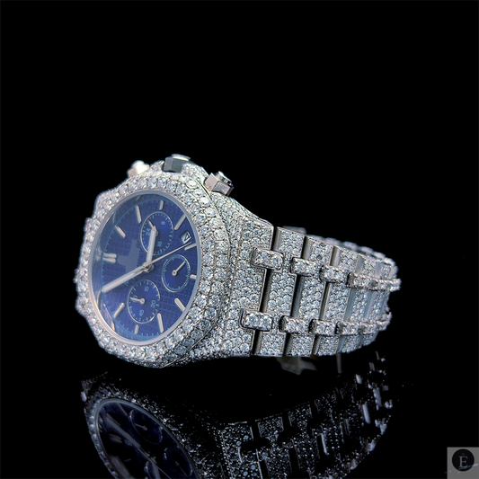 Moissanite Watch Iced Out Luxury Blue Dial Chronograph 25ct