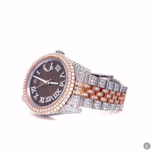 Moissanite Watch Iced Out Brown Dial Two Tone Luxury 25ct