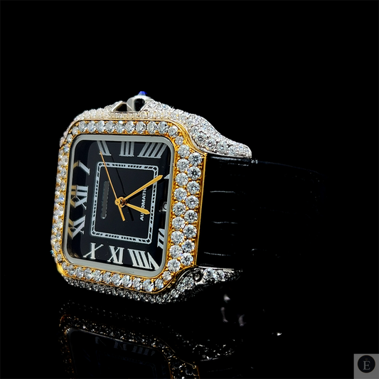 Moissanite Watch Iced Out Square Black Dial Gold Leather Belt