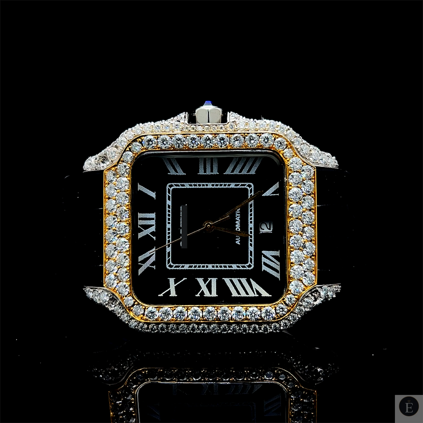 Moissanite Watch Iced Out Square Black Dial Gold Leather Belt