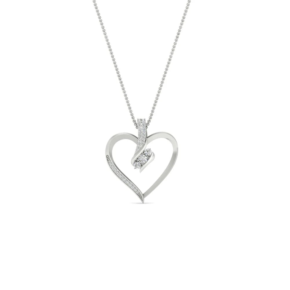 Heart Three Stone Round Diamond Pendant Necklace For Women