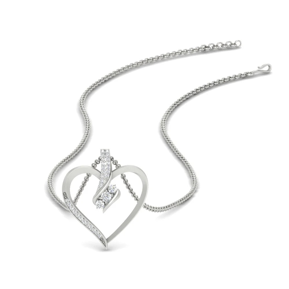 Heart Three Stone Round Diamond Pendant Necklace For Women