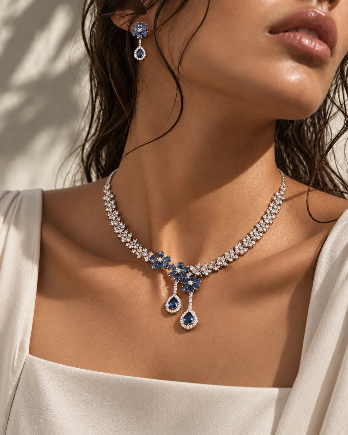 Blue Necklace Floral Drop Silver Adjustable Jewellery Set For Women