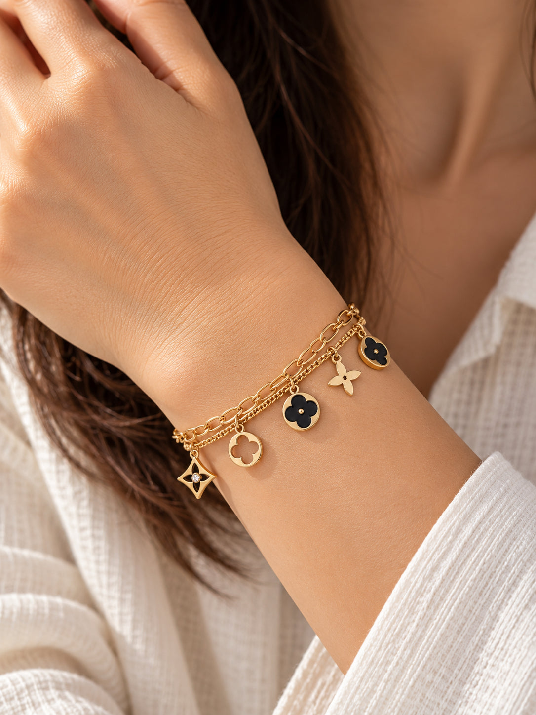 Bracelet For Gold & Black Floral Charm Double Layer Chain