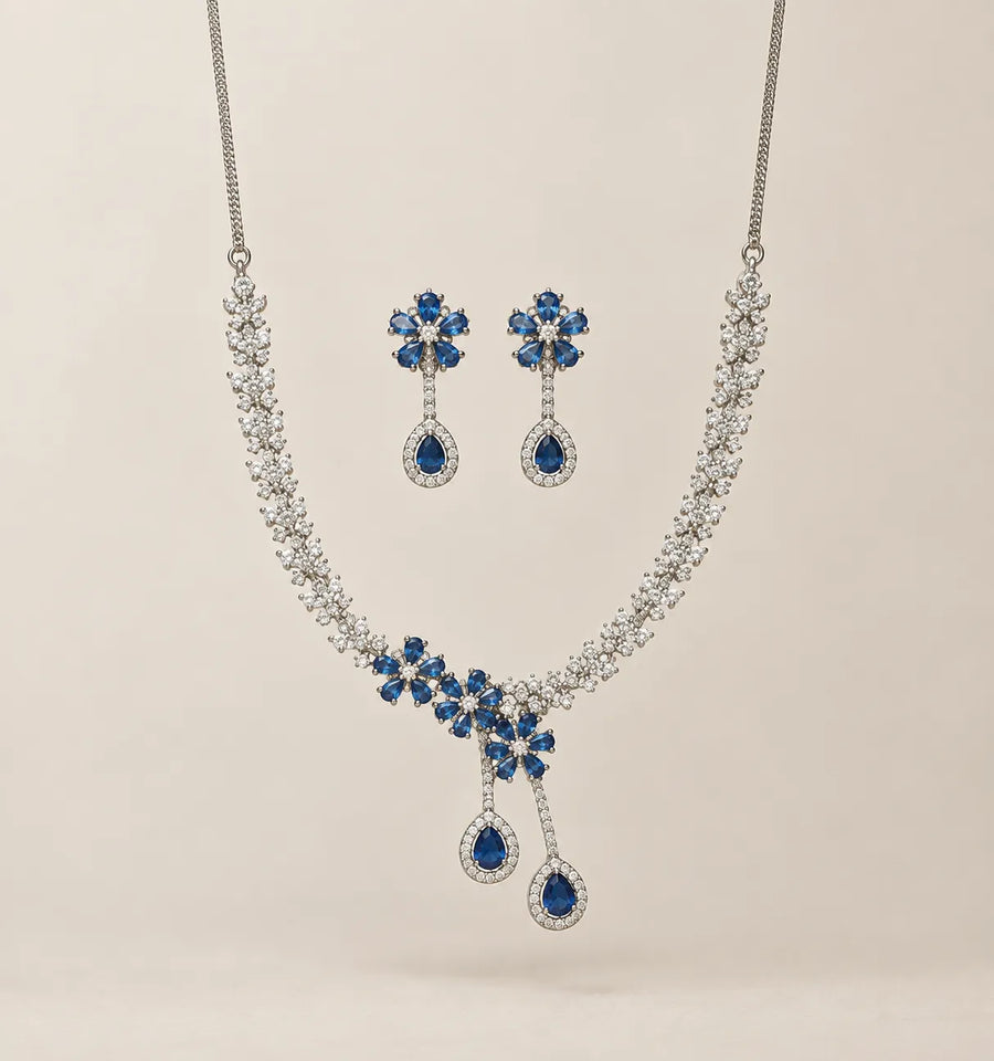Blue Necklace Floral Drop Silver Adjustable Jewellery Set For Women