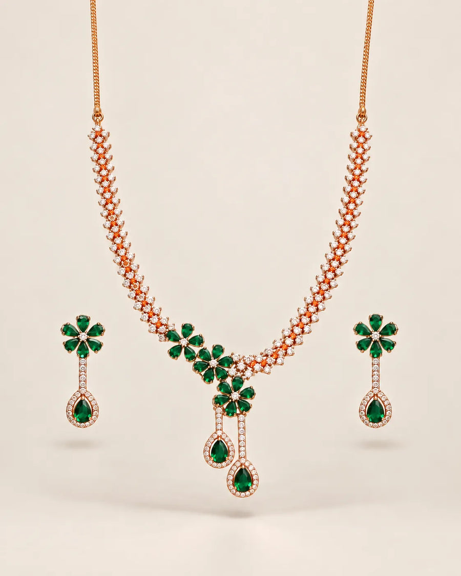 Necklace Set for Green Floral Teardrop Rose Gold