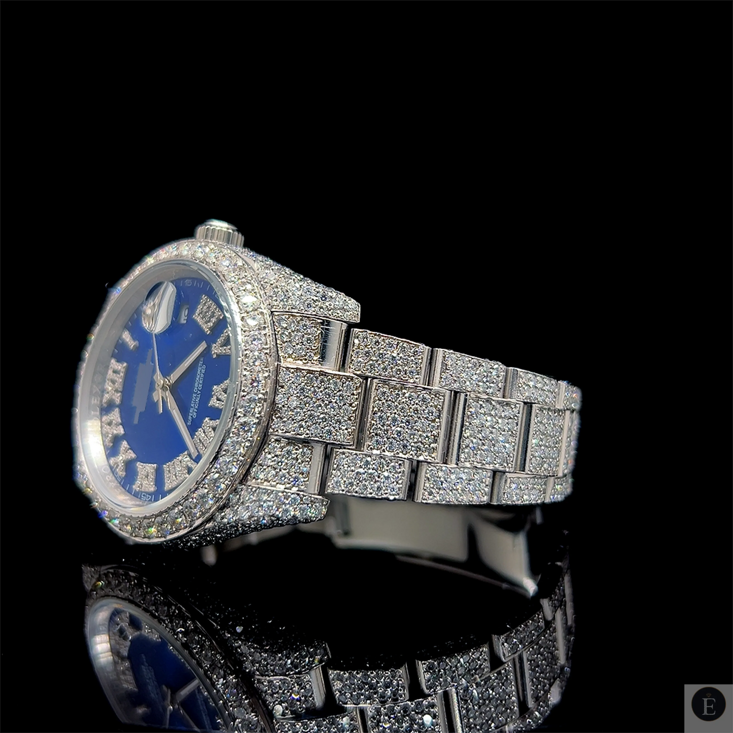 Moissanite Watch Iced Out Luxury Blue Dial Unisex 25ct