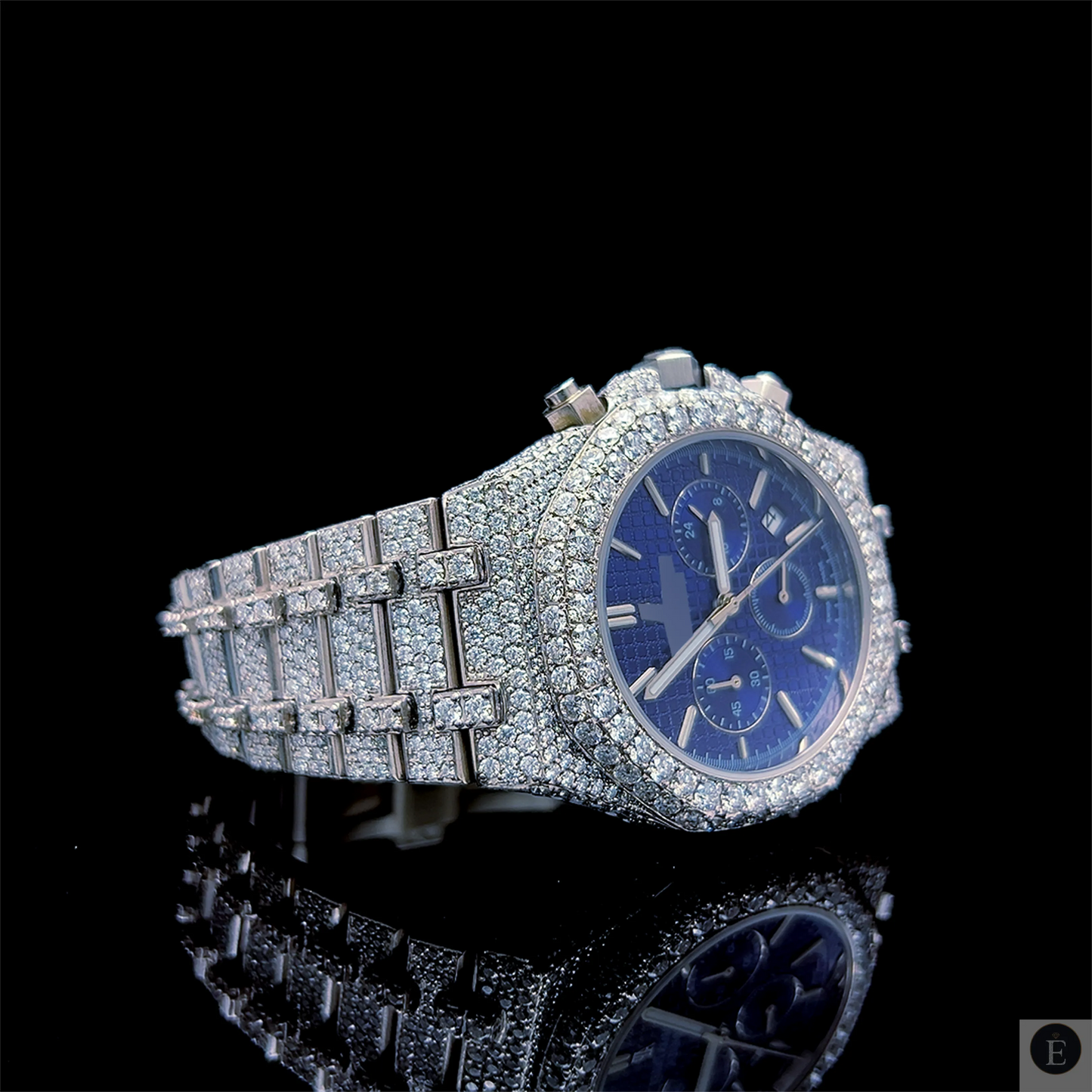 Moissanite Watch Iced Out Luxury Blue Dial Chronograph 25ct