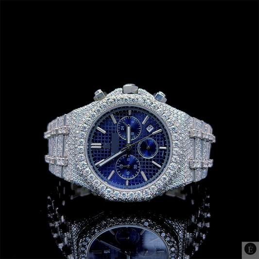 Moissanite Watch Iced Out Luxury Blue Dial Chronograph 25ct