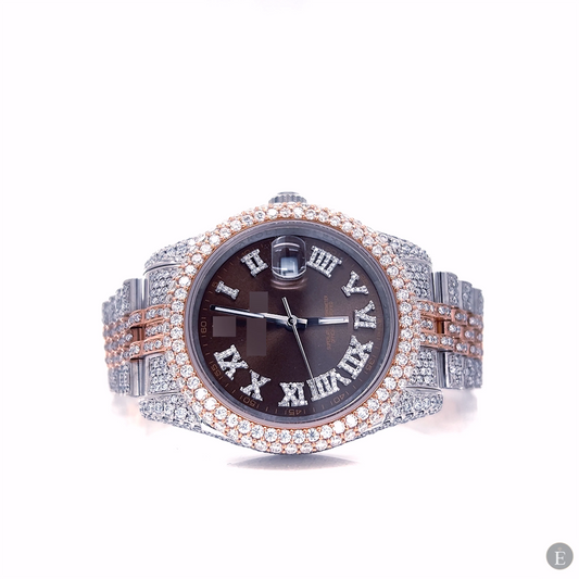 Moissanite Watch Iced Out Brown Dial Two Tone Luxury 25ct