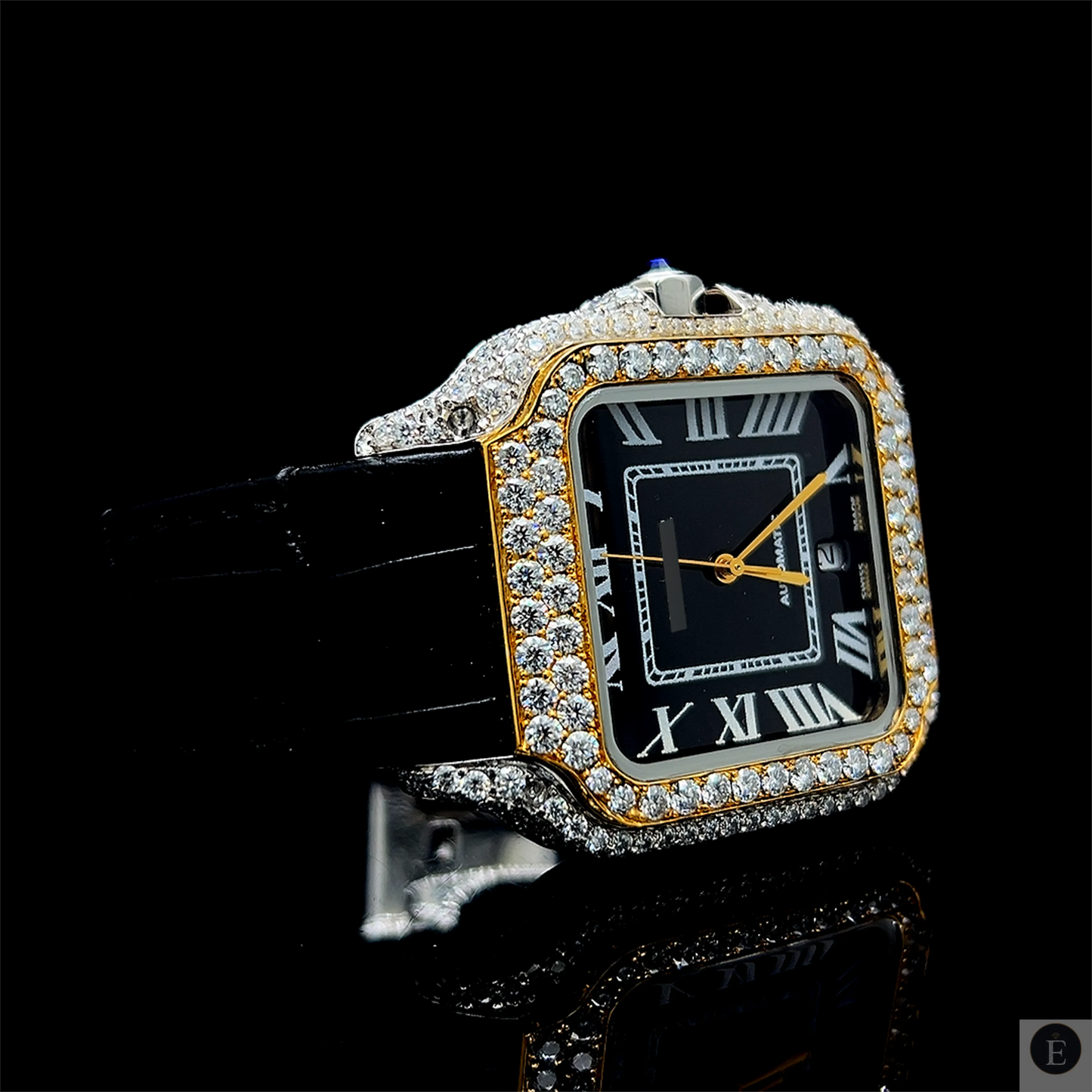 Moissanite Watch Iced Out Square Black Dial Gold Leather Belt