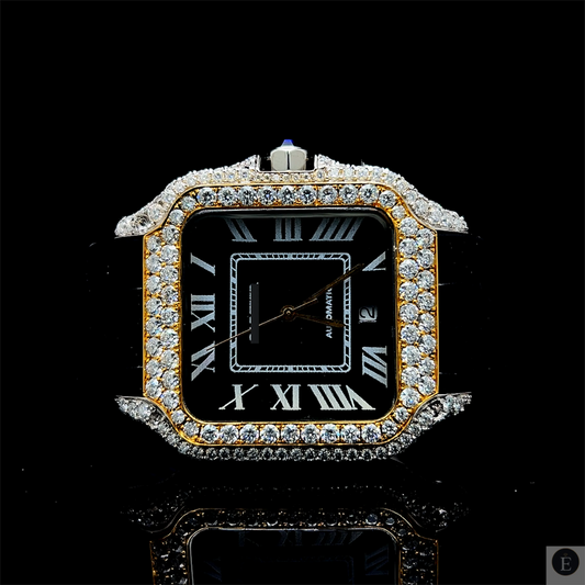 Moissanite Watch Iced Out Square Black Dial Gold Leather Belt