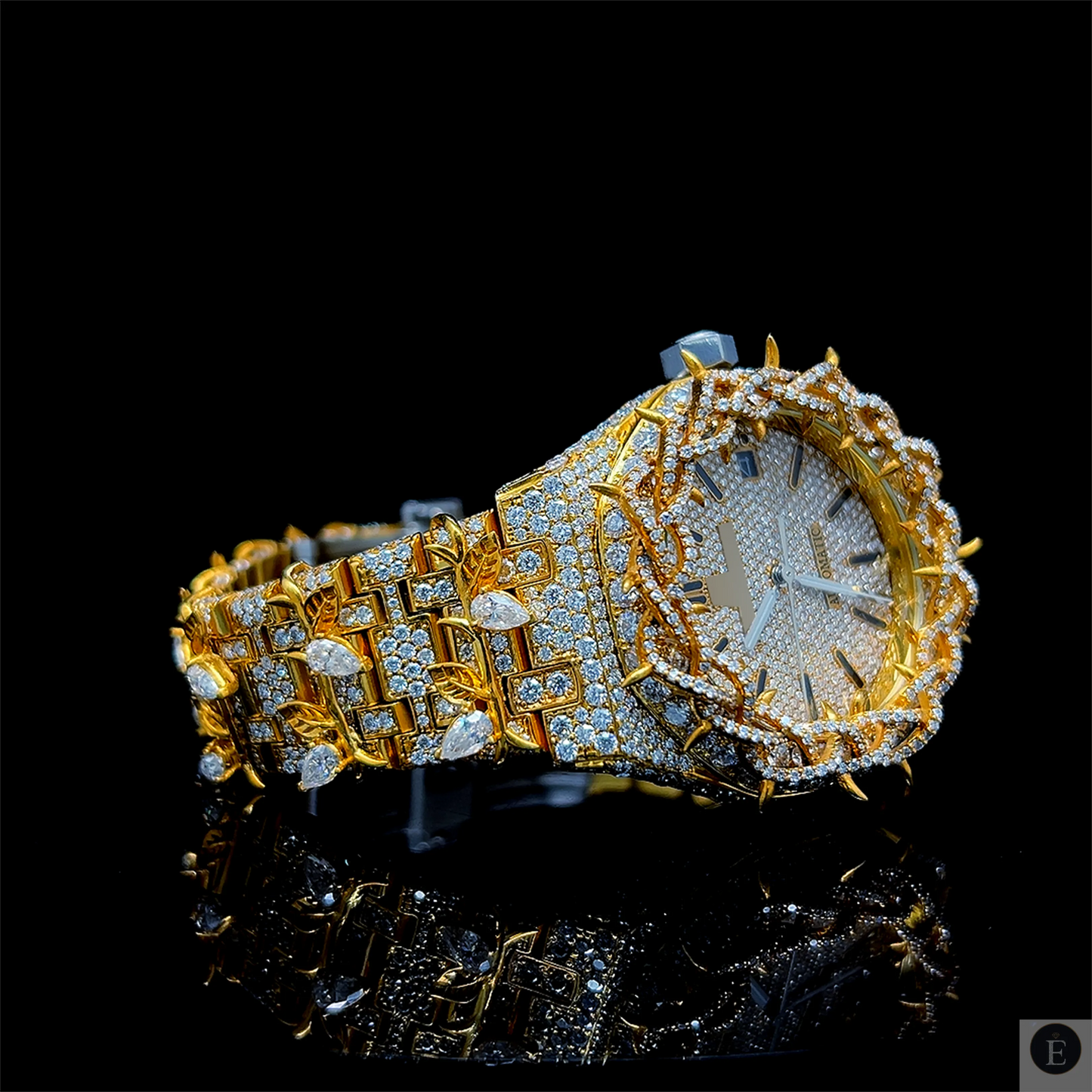 Iced Out Moissanite Watch Gold Finish Thorn Luxury Design