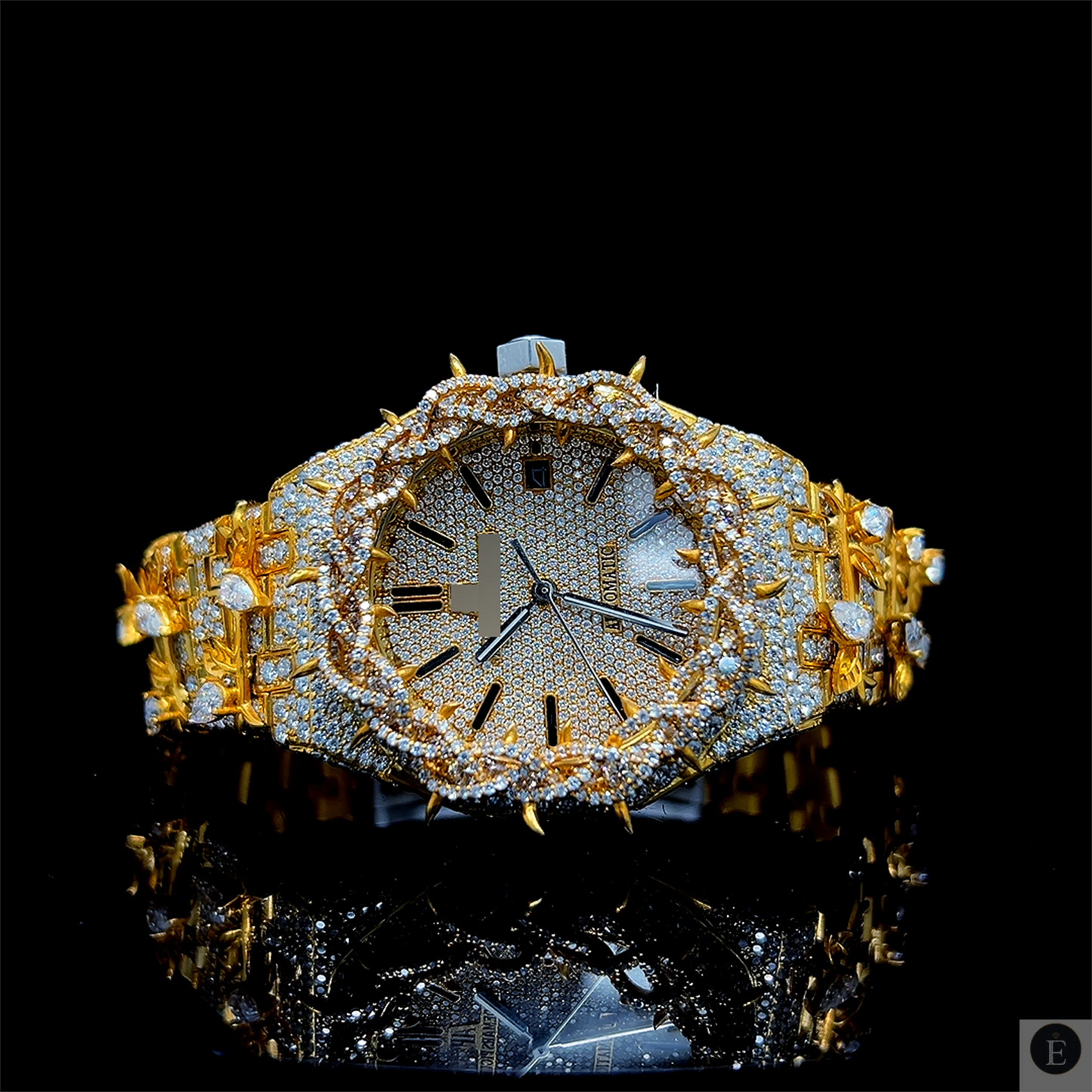 Iced Out Moissanite Watch Gold Finish Thorn Luxury Design