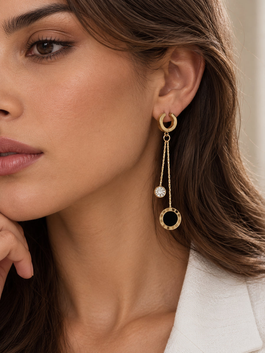 Long Drop Earrings Black with Gold Aurelia Roman Numeral Charm
