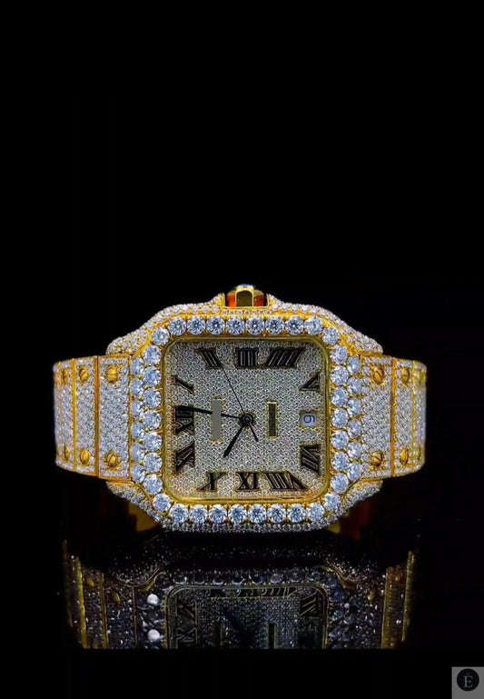 Iced Out Moissanite Watch Gold Square Dial Luxury 25ct