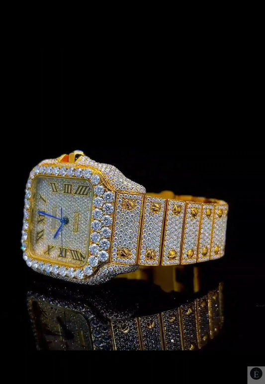 Iced Out Moissanite Watch Gold Square Dial Luxury 25ct