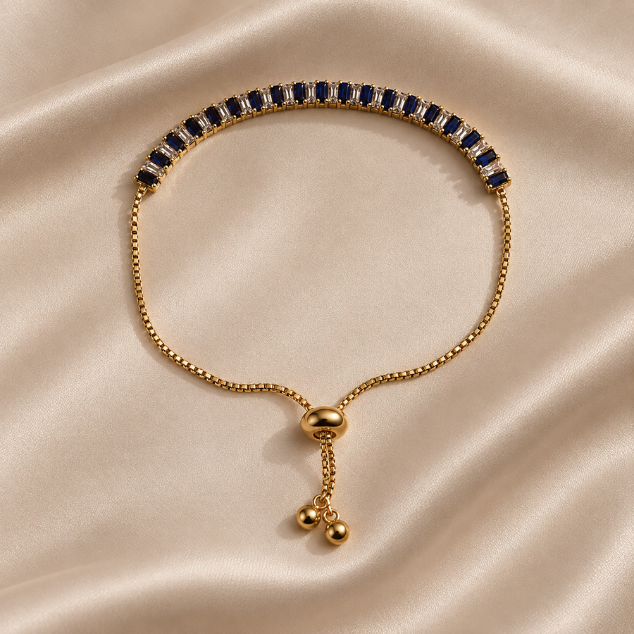 Blue Crystal Adjustable Slider Gold Tone Bracelet