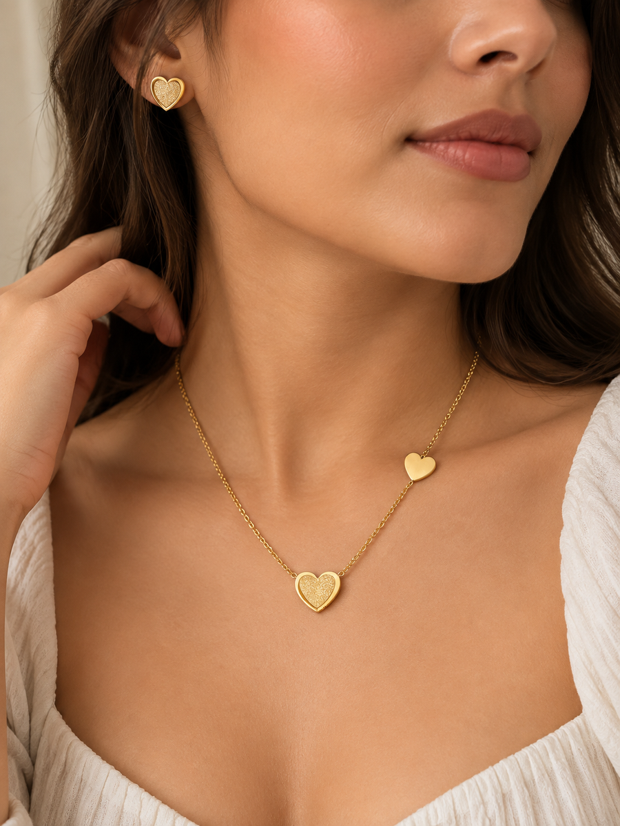 Heart Necklace And  Earrings Set Gold Tone Minimal For Women
