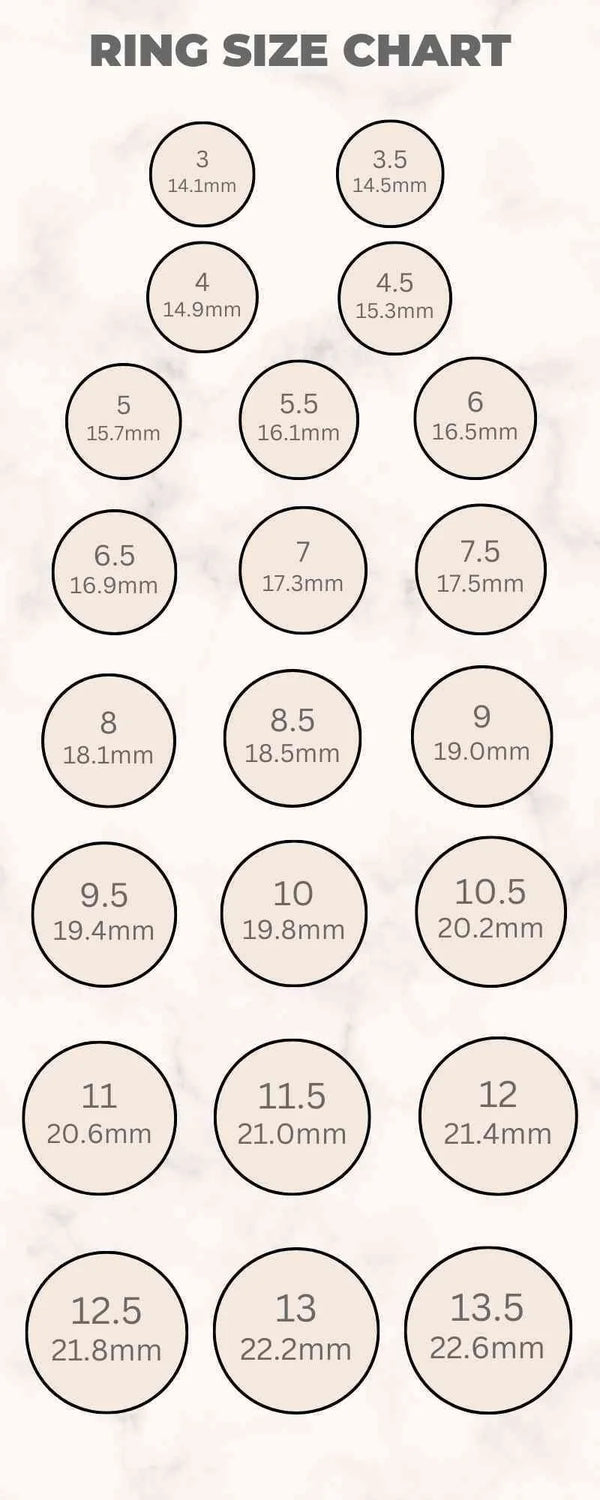 Ring size chart with measurements in millimeters