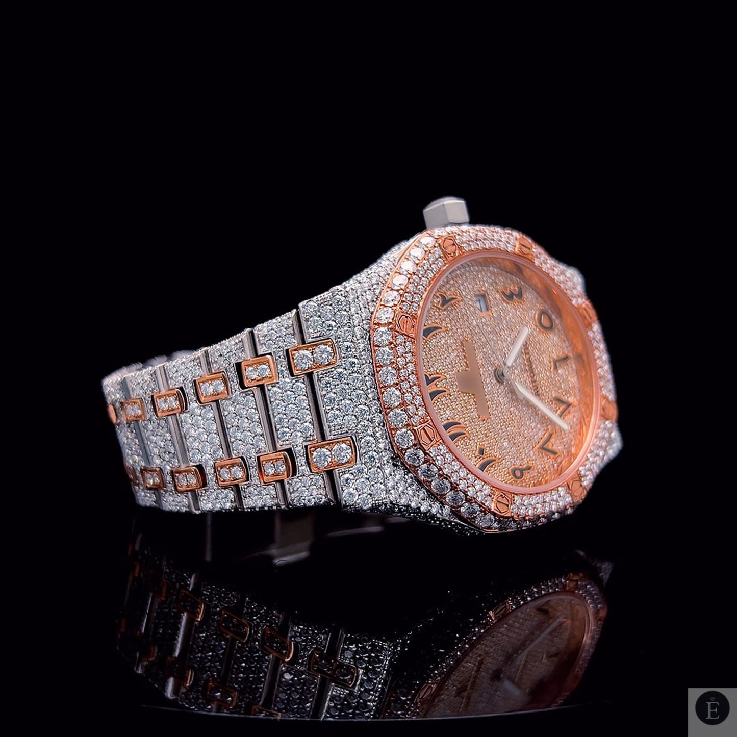 Premium rose gold and silver moissanite iced out men’s watch with full diamond pavé finish.