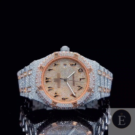 Luxury iced out men’s watch with rose gold and silver moissanite diamond dial in full pavé setting.