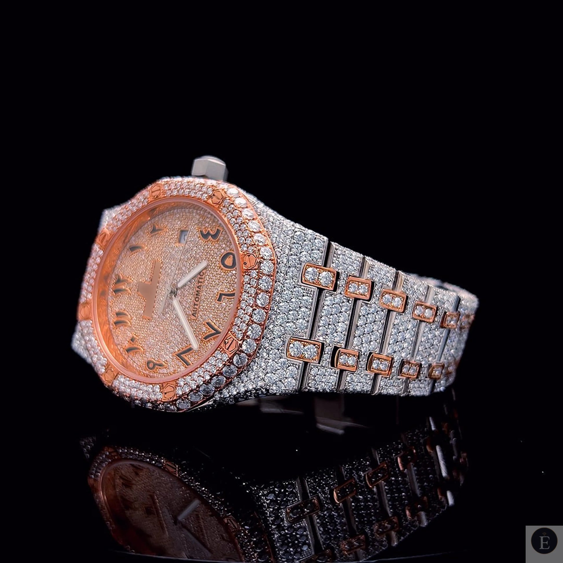 Rose gold and silver iced out men’s watch featuring moissanite diamonds and luxury bracelet design.