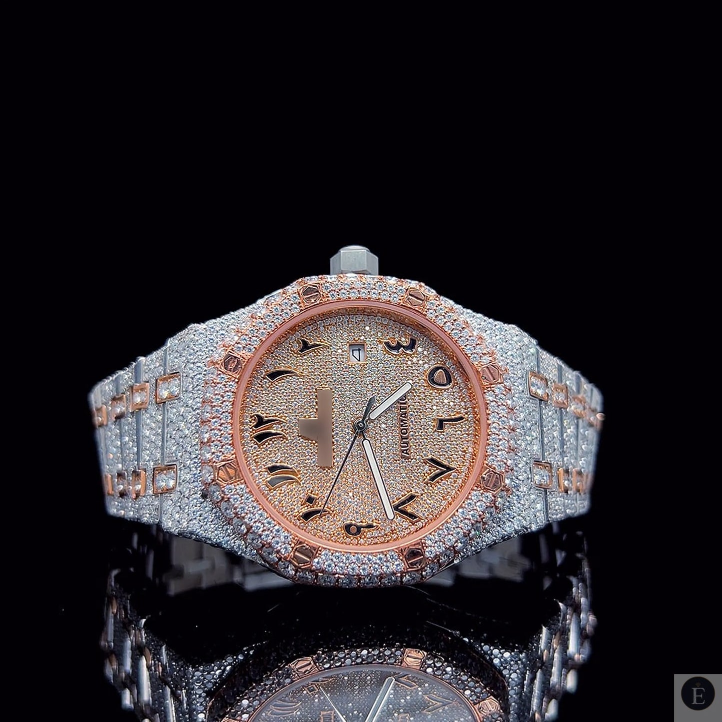 Two tone iced out watch for men with round cut moissanite diamonds and rose gold details.