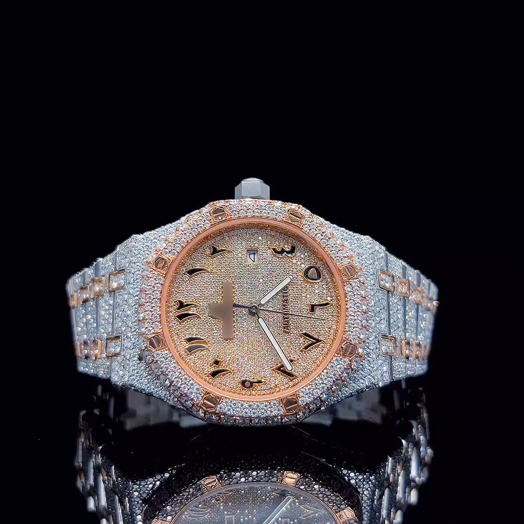 Rose Gold Moissanite Watch Fully Iced Out Luxury Timepiece
